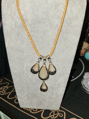 Gold-Tone Teardrop Pendant Necklace with Tan Braided Cord